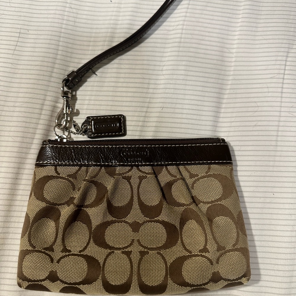 Coach Brown Leather Wristlet with Signature Monogram